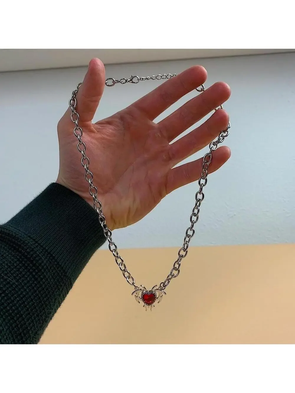 Red heart shaped opal love pendant thick chain y2k 2000s opium style necklace ch